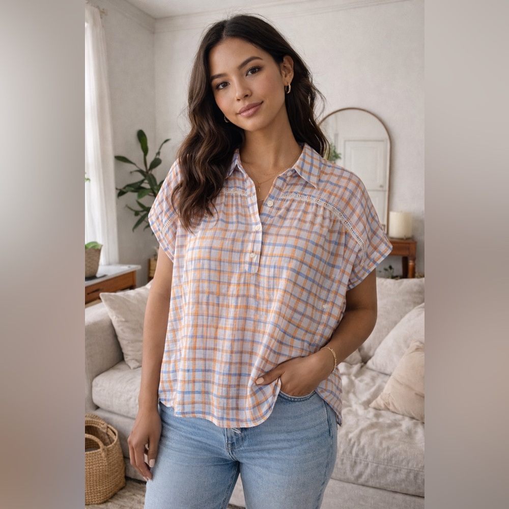 Pilcro Anthropologie Sheer Cotton Linen Spring Gingham Blouse Petite